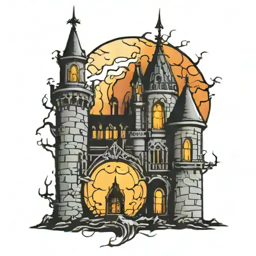 gothic castle with a moon and fire tattoo design idea