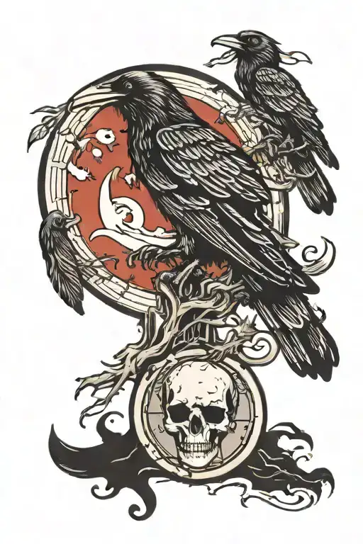 unique traditional raven perched on skull with blood moon backround tattoo  tattoo design idea