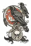unique traditional raven perched on skull with blood moon backround tattoo  tattoo design idea
