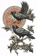 unique traditional raven perched on skull with blood moon backround tattoo  tattoo design idea