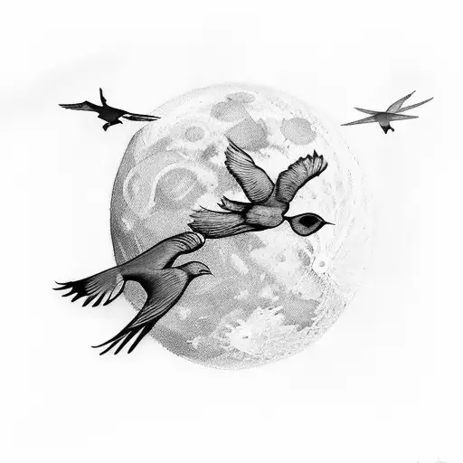 birds flying over moon tattoo design idea