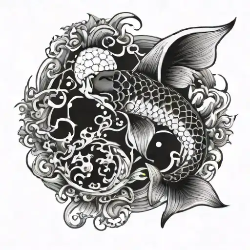 black and white koi fish and ocean and moon and fire  tattoo design idea