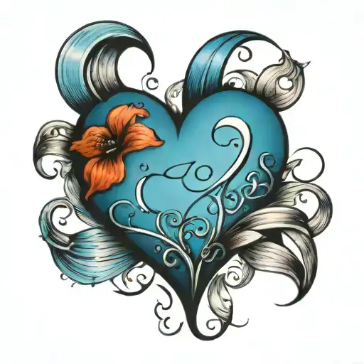 Blue Heart Cursive E at end point tattoo design idea