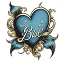 Blue Heart Cursive E at end point tattoo design idea