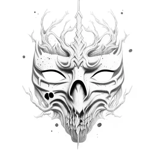 A haunting, hollow mask adorned with symbols of power and dread. more black tattoo design idea