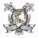 The world is yours text with globe held in womans hands tattoo design idea