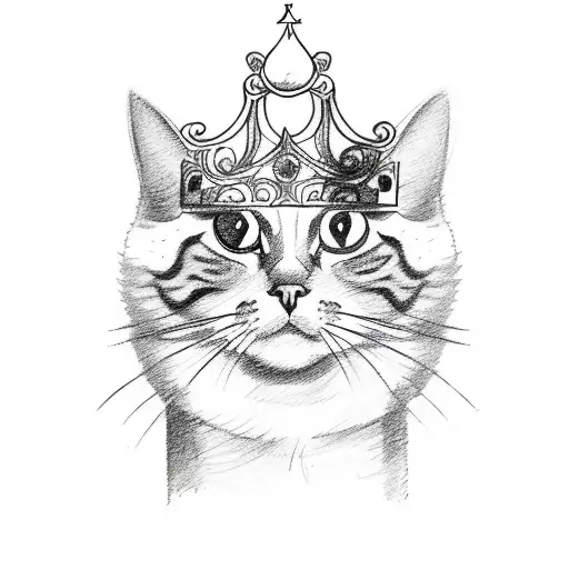 A sketch-style tattoo of a cat wearing a crown of roses, holding a paintbrush tattoo design idea
