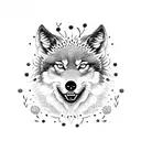 A dotwork design featuring a wolf and a cat surrounded by a field of flowers tattoo design idea