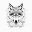 A dotwork design featuring a wolf and a cat surrounded by a field of flowers tattoo design idea