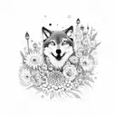 A dotwork design featuring a wolf and a cat surrounded by a field of flowers tattoo design idea