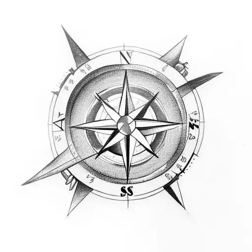 A compass but the cardinal points are the letters N K D M, a ship and a rose tattoo design idea
