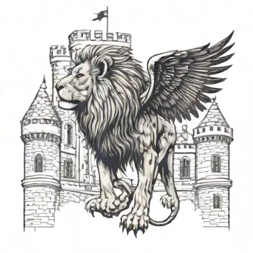 A majestic lion standing in front of a medieval castle, with ravens flying overhead tattoo design idea