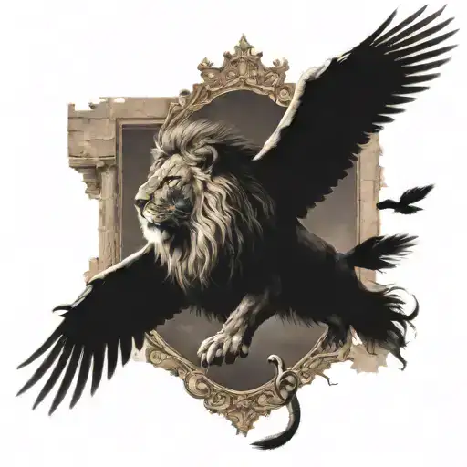 A majestic lion standing in front of a medieval castle, with ravens flying overhead tattoo design idea