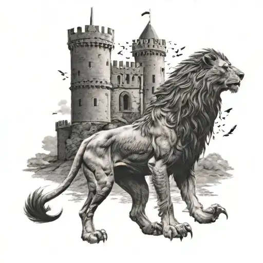 A majestic lion standing in front of a medieval castle, with ravens flying overhead tattoo design idea
