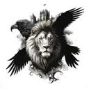 A majestic lion standing in front of a medieval castle, with ravens flying overhead tattoo design idea