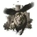 A majestic lion standing in front of a medieval castle, with ravens flying overhead tattoo design idea