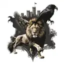 A majestic lion standing in front of a medieval castle, with ravens flying overhead tattoo design idea