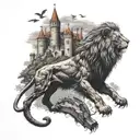 A majestic lion standing in front of a medieval castle, with ravens flying overhead tattoo design idea