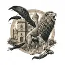 A majestic lion standing in front of a medieval castle, with ravens flying overhead tattoo design idea