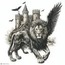 A majestic lion standing in front of a medieval castle, with ravens flying overhead tattoo design idea