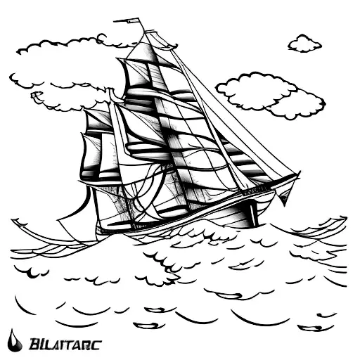 Create a highly realistic tattoo of a classic sailboat. The drawing style should be minimalist, inspired by Kanagawa tattoo design idea
