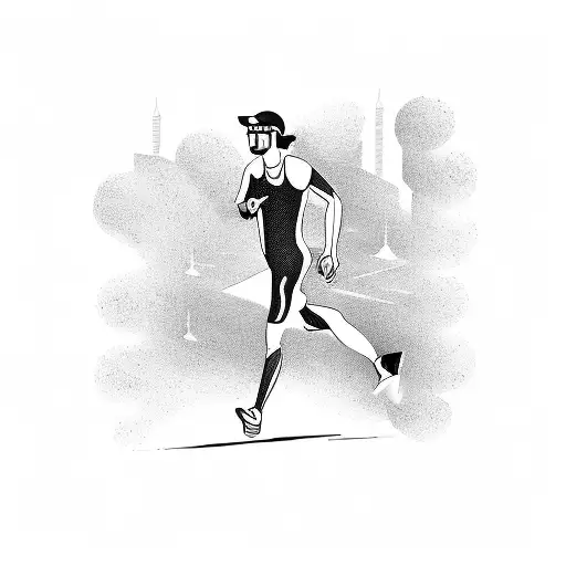 A marathon runner crossing the finish line in the shape of the letter M tattoo design idea