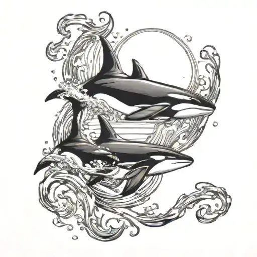 orcas swimming in the ocean on sunset sky tattoo design idea