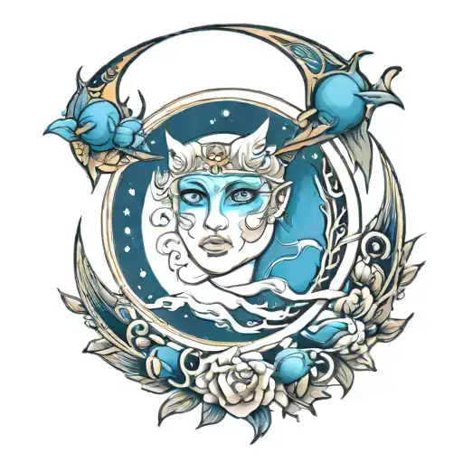 crescent moon with gojos blue eyes staring tattoo design idea