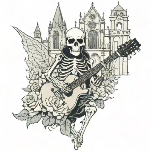 skeleton playing a Gibson SG guitar in front of a cathedral with roses with long thorns around the place tattoo design idea