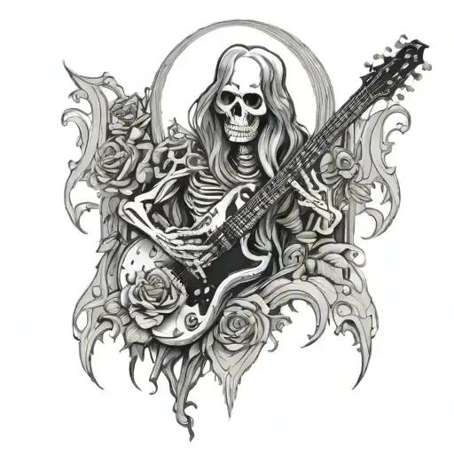 skeleton with long hair playing a Gibson SG guitar with a wizard on each side holding speakers. Cathedral with roses tattoo design idea