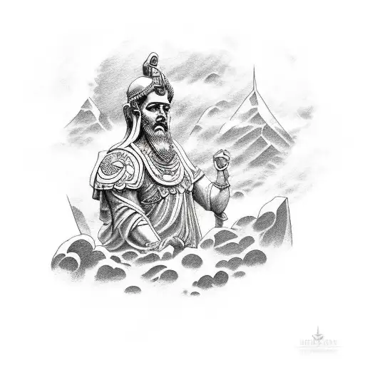 full sleeve concept tattoo with stoicism gods and ancient buildings tattoo design idea