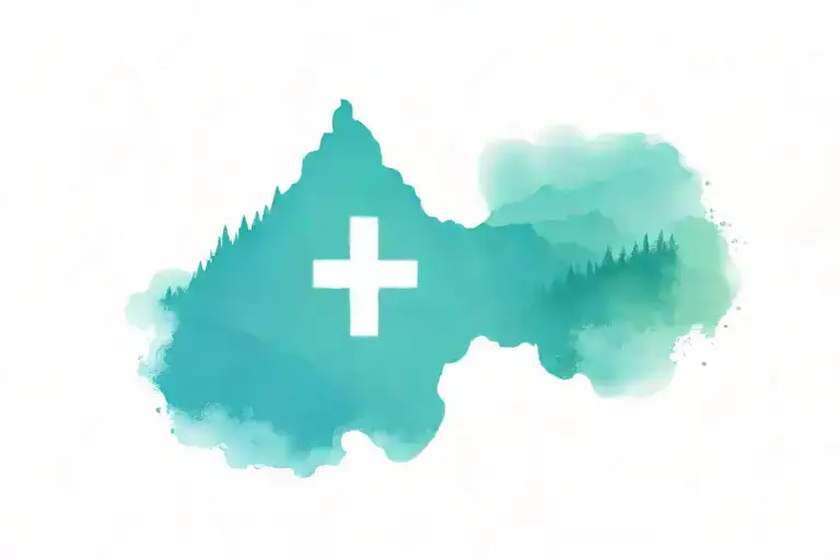 The Swiss flag with a nice forest and mountain landscape at night with a moon and a little colour tattoo design idea
