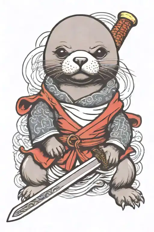 baby seal as a samurai warior with samurai sword tattoo design idea