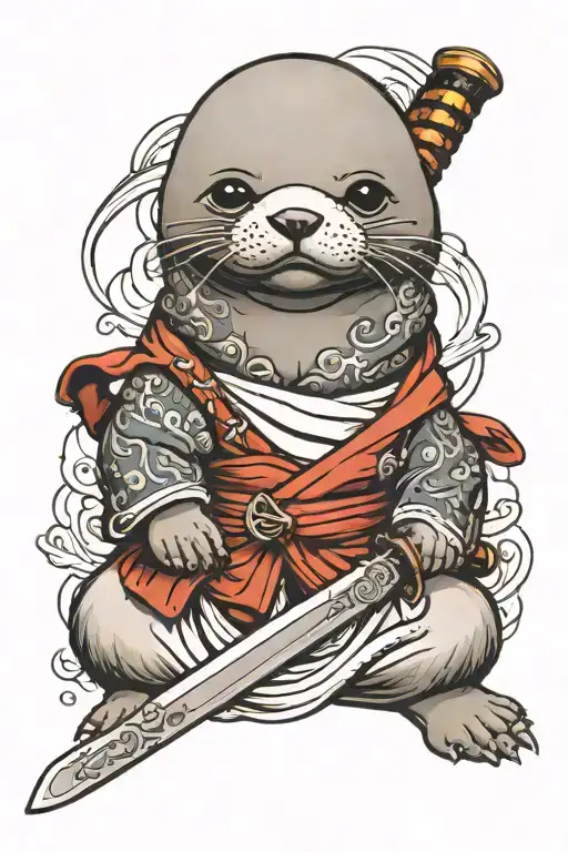 baby seal as a samurai warior with samurai sword tattoo design idea