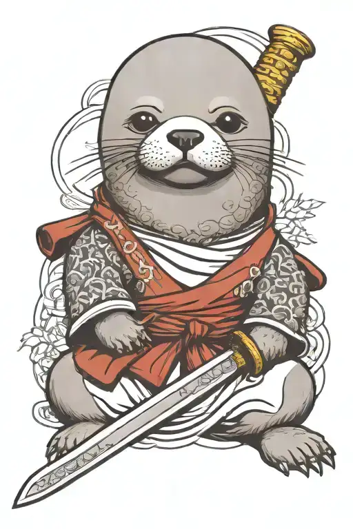baby seal as a samurai warior with samurai sword tattoo design idea