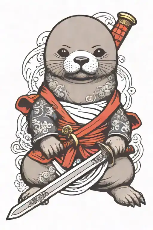 baby seal holding a samurai sword with arua around him tattoo design idea