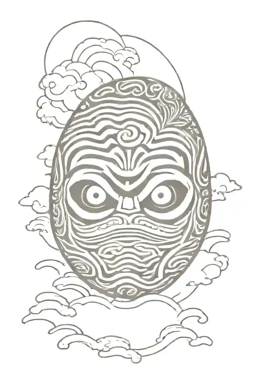 daruma doll , wave , rocks and clouds tattoo design idea