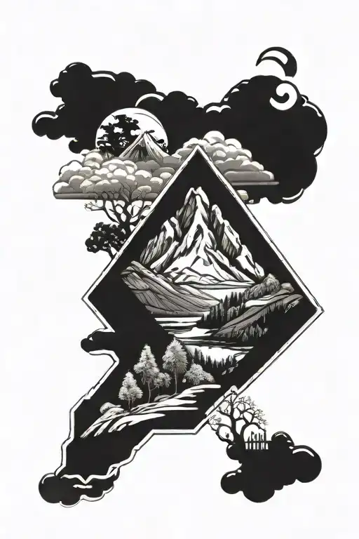 A blackwork tattoo of a serene mountain landscape with a vegan symbol incorporated into the design, reflecting the client's commitment to veganism tattoo design idea