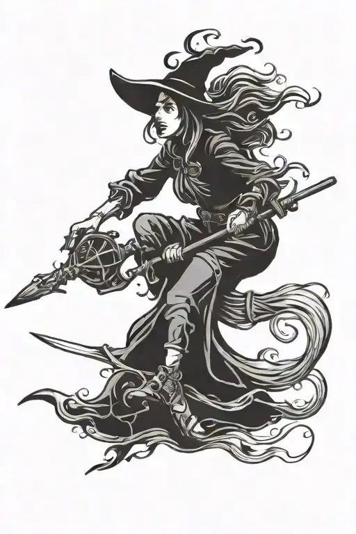 witch riding a broomstick flying tattoo design idea
