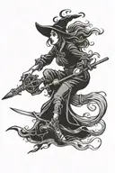 witch riding a broomstick flying tattoo design idea