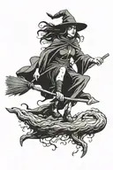witch riding a broomstick flying tattoo design idea