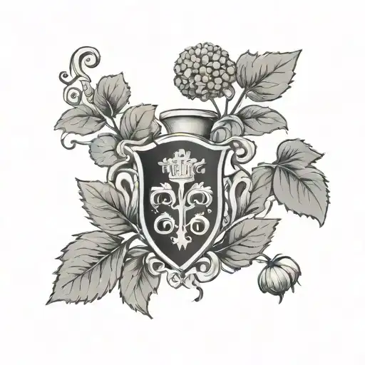 O'Shea Family Crest surrounded by hydrangeas, strawberry vines, clovers tattoo design idea