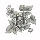 O'Shea Family Crest surrounded by hydrangeas, strawberry vines, clovers tattoo design idea