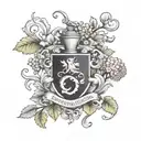 O'Shea Family Crest surrounded by hydrangeas, strawberry vines, clovers tattoo design idea