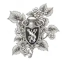 O'Shea Family Crest surrounded by hydrangeas, strawberry vines, clovers tattoo design idea