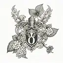 O'Shea Family Crest surrounded by hydrangeas, strawberry vines, clovers tattoo design idea