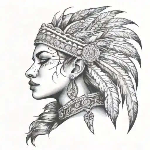 A woman front facing with a tattoo on her neck, adorned with a decorative lion and feather headdress tattoo design idea