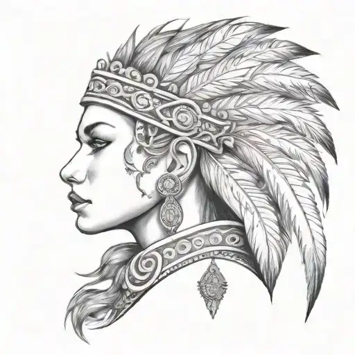 A woman with a tattoo on her neck, adorned with a decorative lion and feather headdress tattoo design idea