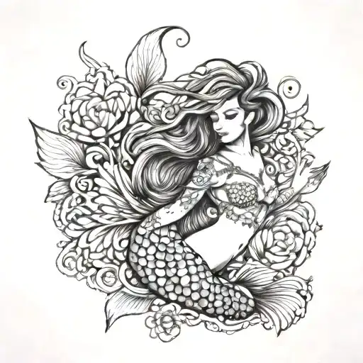 A beautiful mermaid with intricate koi fish scales swimming among colorful flowers tattoo design idea