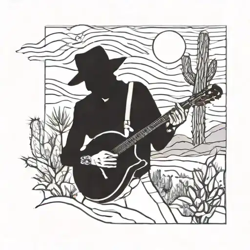 desert scene trumpet player with cactus and Picasso style  tattoo design idea